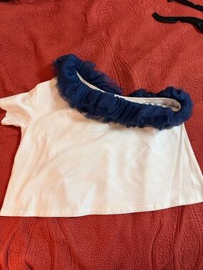 QUEEN OF SPARKLES White Top with Navy Tulle Ruffle Off the Shoulder